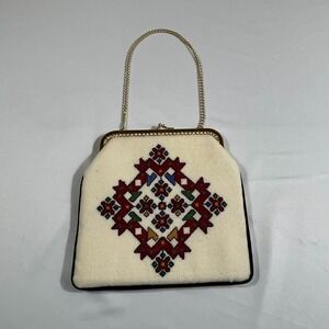 Vintage Style Cream Clutch Bag Geometric Cross Stitch Embroidery Gold Tone Chain